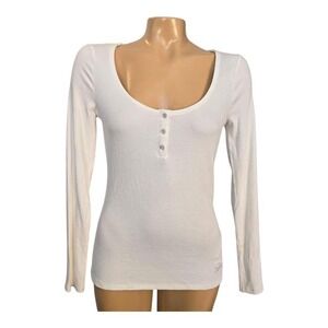 Guess Y2K  long sleeve white silver buttons scoop neck ribbed‎ top size Medium
